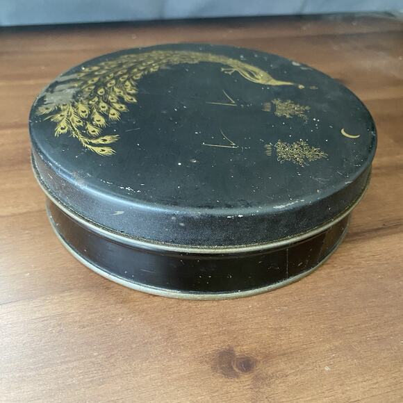 Vintage 1920-30s Round Tindeco Metal Tin Gold Peacock on Black 6” - Picture 5 of 14